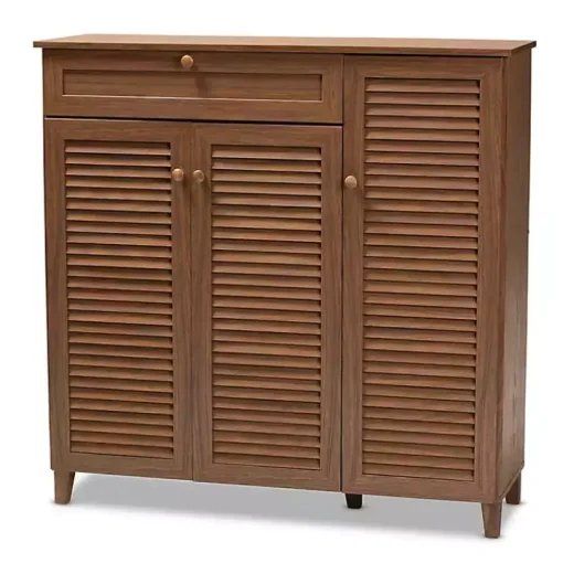Walnut Wood 11-Shelf Paneled Shoe Cabinet