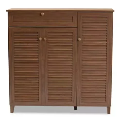 Walnut Wood 11-Shelf Paneled Shoe Cabinet