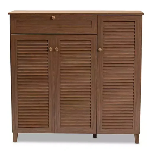 Walnut Wood 11-Shelf Paneled Shoe Cabinet