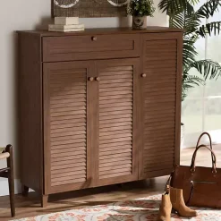 Walnut Wood 11-Shelf Paneled Shoe Cabinet