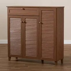Walnut Wood 11-Shelf Paneled Shoe Cabinet
