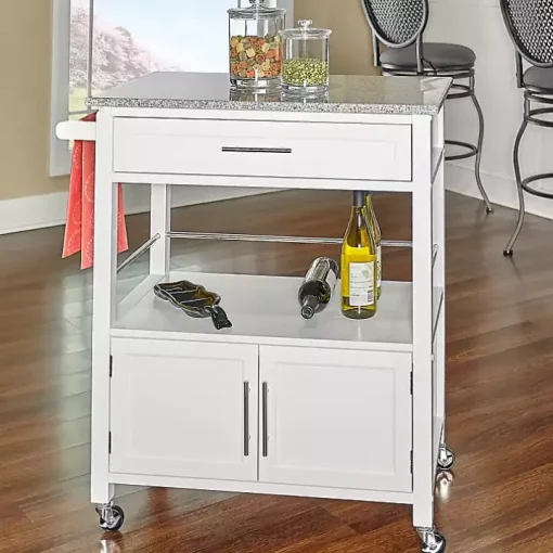 White Parker Granite Top Rolling Kitchen Cart