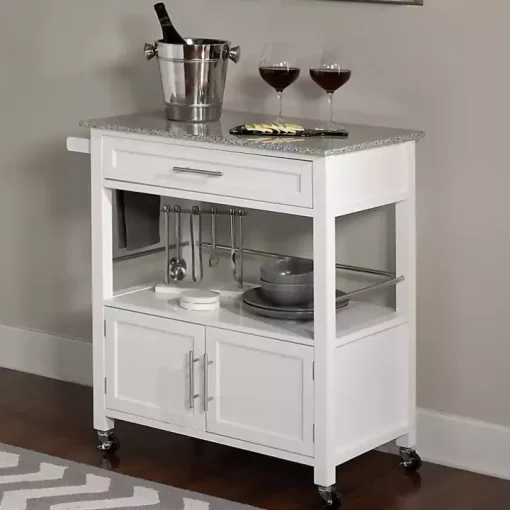White Parker Granite Top Rolling Kitchen Cart