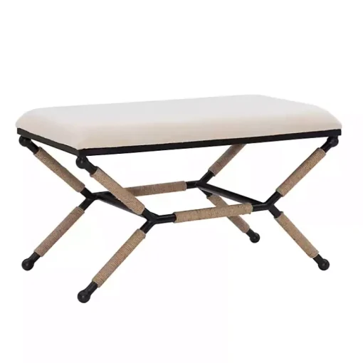 White Upholstered and Wrapped Rope Metal Bench