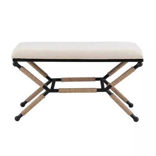 White Upholstered and Wrapped Rope Metal Bench