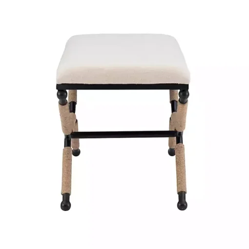 White Upholstered and Wrapped Rope Metal Bench