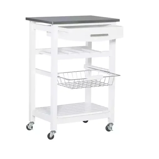 White Wood and Stainless Steel Kitchen Cart