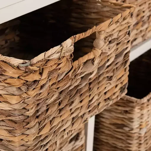 White Wood Woven Baskets Cabinet