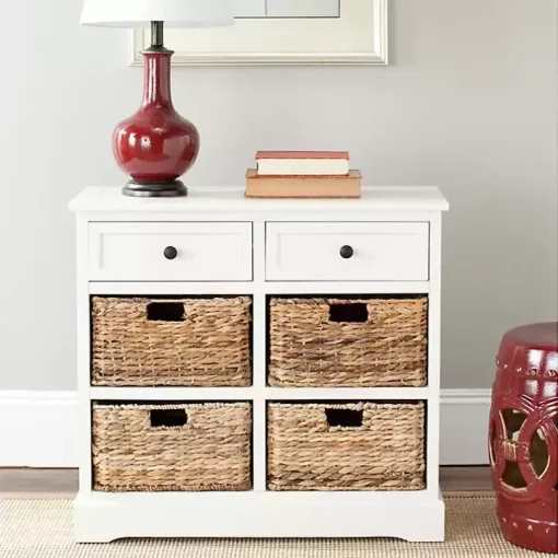 White Wood Woven Baskets Cabinet