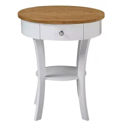 Wood & White Curved Legs Round Drawer Accent Table