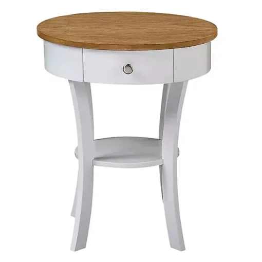 Wood & White Curved Legs Round Drawer Accent Table
