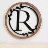 Wood and Metal Laurel Monogram R Plaque