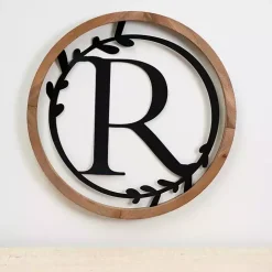 Wood and Metal Laurel Monogram R Plaque