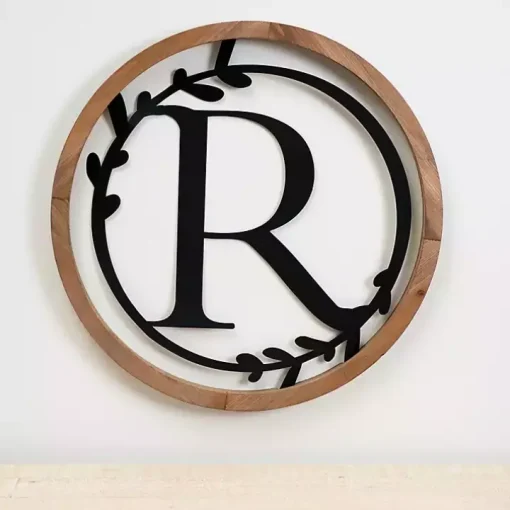Wood and Metal Laurel Monogram R Plaque