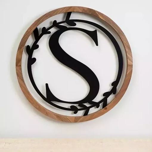 Wood and Metal Laurel Monogram S Plaque