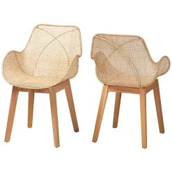 Wood and Rattan Flared Dining Chairs, Set of 2