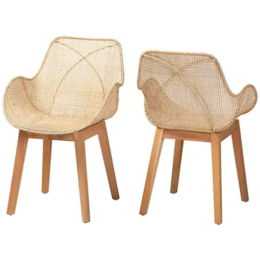 Wood and Rattan Flared Dining Chairs, Set of 2