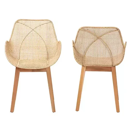 Wood and Rattan Flared Dining Chairs, Set of 2