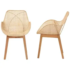 Wood and Rattan Flared Dining Chairs, Set of 2