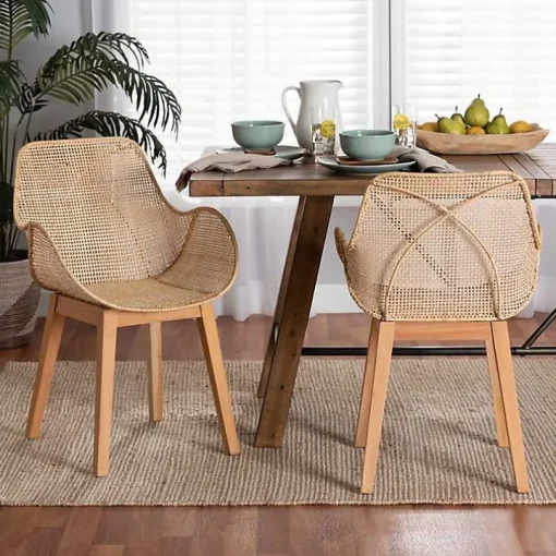 Wood and Rattan Flared Dining Chairs, Set of 2
