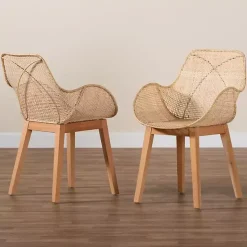 Wood and Rattan Flared Dining Chairs, Set of 2