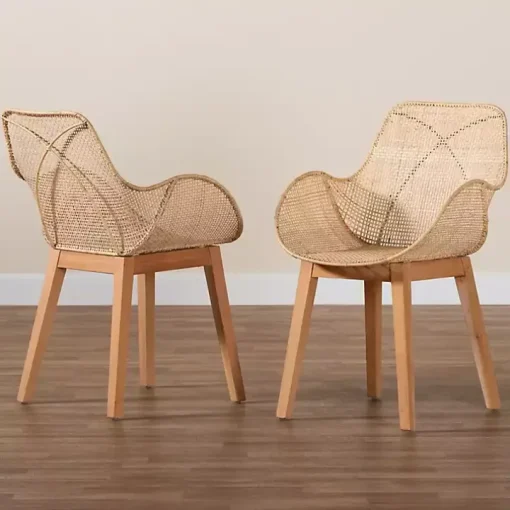 Wood and Rattan Flared Dining Chairs, Set of 2
