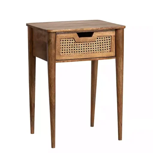 Woven Cane and Mango Wood Side Table