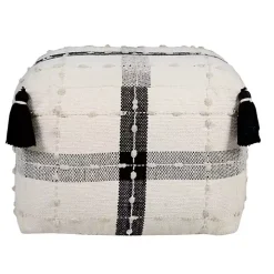 Black and Ivory Textured Plaid Pouf