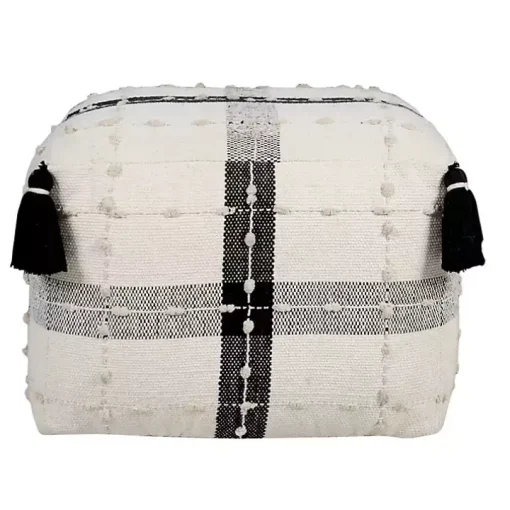 Black and Ivory Textured Plaid Pouf