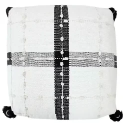 Black and Ivory Textured Plaid Pouf