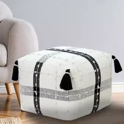 Black and Ivory Textured Plaid Pouf