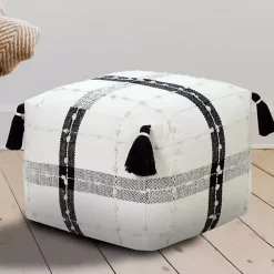 Black and Ivory Textured Plaid Pouf
