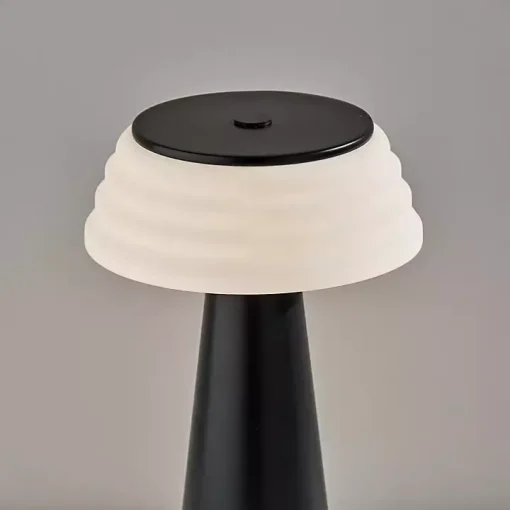 Black Metal Cordless Lamp with White Ribbed Shade