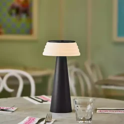 Black Metal Cordless Lamp with White Ribbed Shade