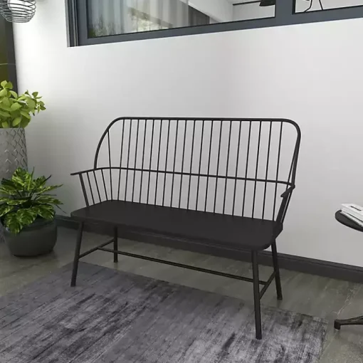 Black Metal Slatted Back Outdoor Bench