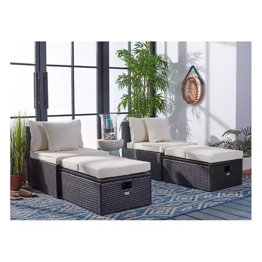 Black Wicker Chaises with Ottoman, Set of 2