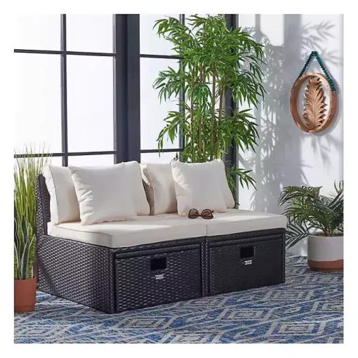 Black Wicker Chaises with Ottoman, Set of 2