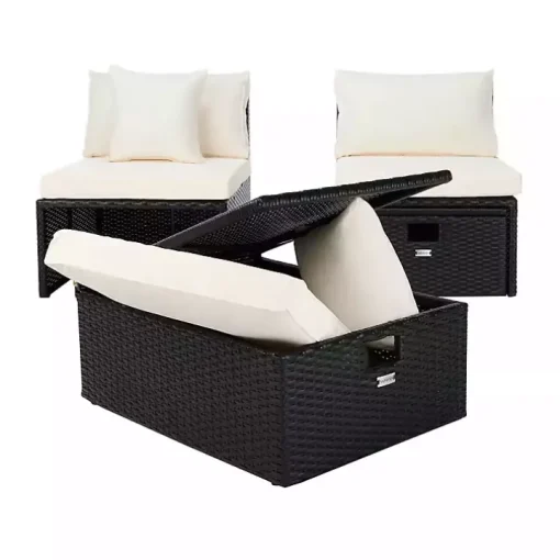 Black Wicker Chaises with Ottoman, Set of 2