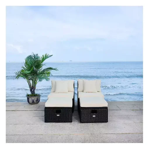 Black Wicker Chaises with Ottoman, Set of 2