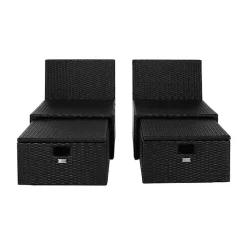 Black Wicker Chaises with Ottoman, Set of 2