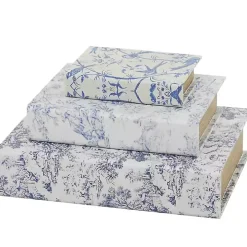 Blue & White Toile Canvas Book Boxes, Set of 3