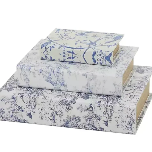 Blue & White Toile Canvas Book Boxes, Set of 3