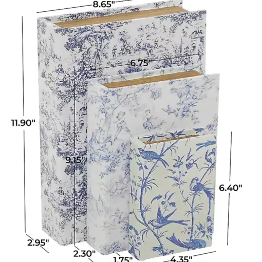 Blue & White Toile Canvas Book Boxes, Set of 3