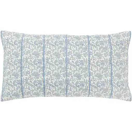 Blue and Ivory Floral Print Lumbar Pillow