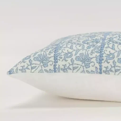 Blue and Ivory Floral Print Lumbar Pillow