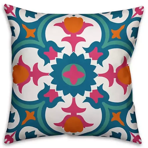 Blue and Pink Floral Tile Outdoor Pillow