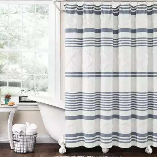 Blue Stripe Diamond Tufted Shower Curtain