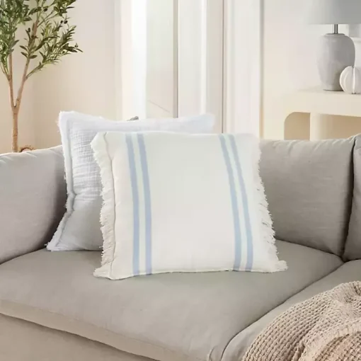 Blue Striped Linen Throw Pillow