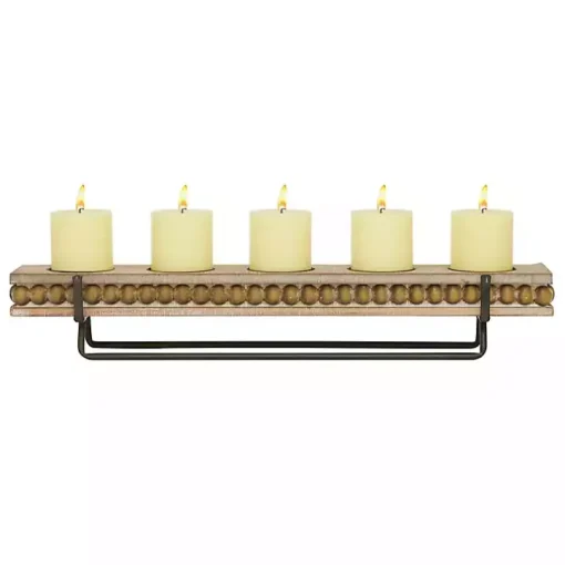 Brown Beaded Wood and Metal Base Candle Holder