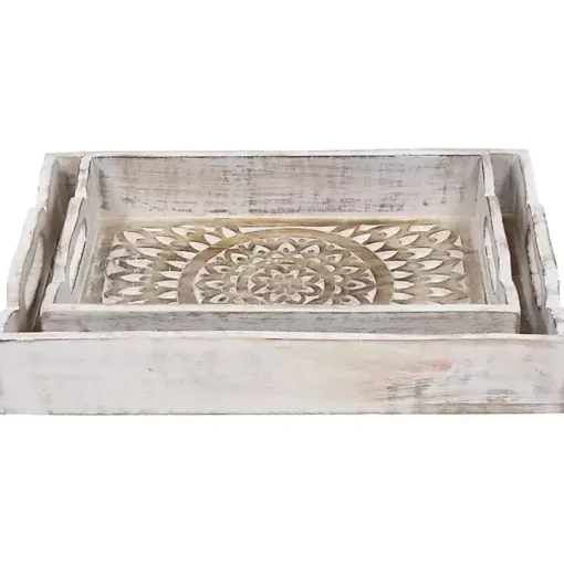 Brushed White Mandala Carved Trays, Set of 2